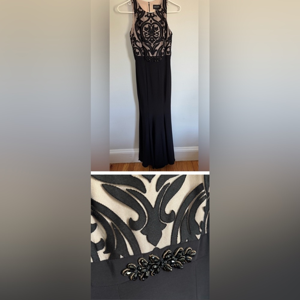 Xscape dress long black sleeveless maxi formal cut velvet evening gown size 4